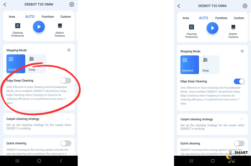 Die Option zur gründlicheren Leistenreinigung wird in der ECOVACS DEEBOT T20 OMNI Handy-App eingestellt.